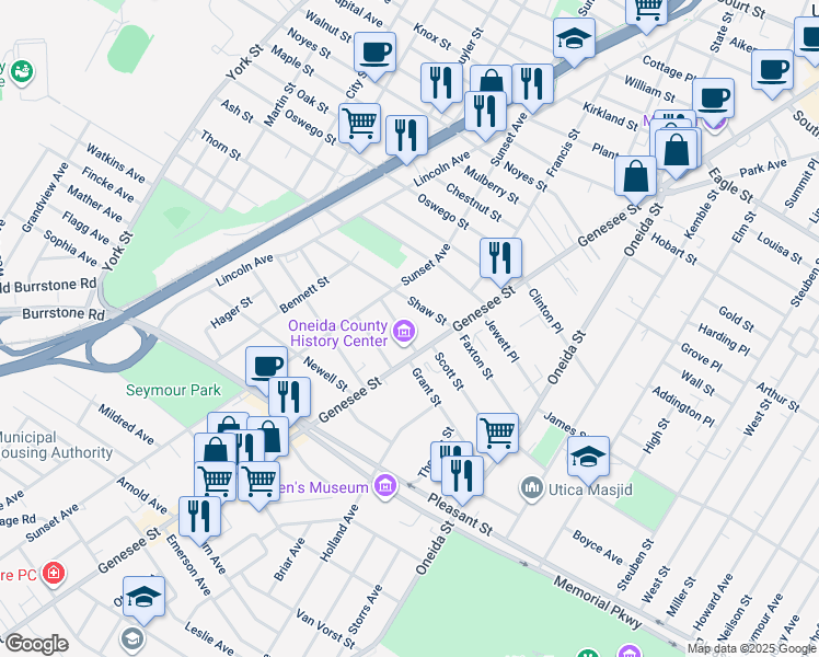 map of restaurants, bars, coffee shops, grocery stores, and more near 2 Avery Place in Utica