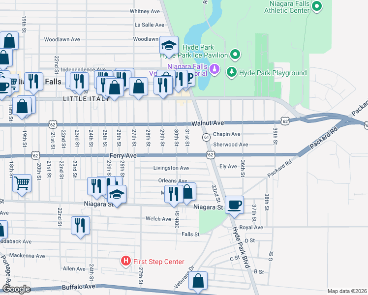 map of restaurants, bars, coffee shops, grocery stores, and more near 516 31st Street in Niagara Falls
