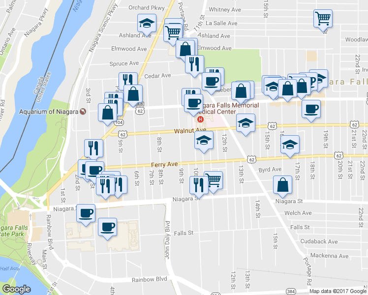 map of restaurants, bars, coffee shops, grocery stores, and more near 537 9th St in Niagara Falls