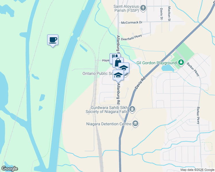 map of restaurants, bars, coffee shops, grocery stores, and more near 50 Windle Village Crescent in Thorold