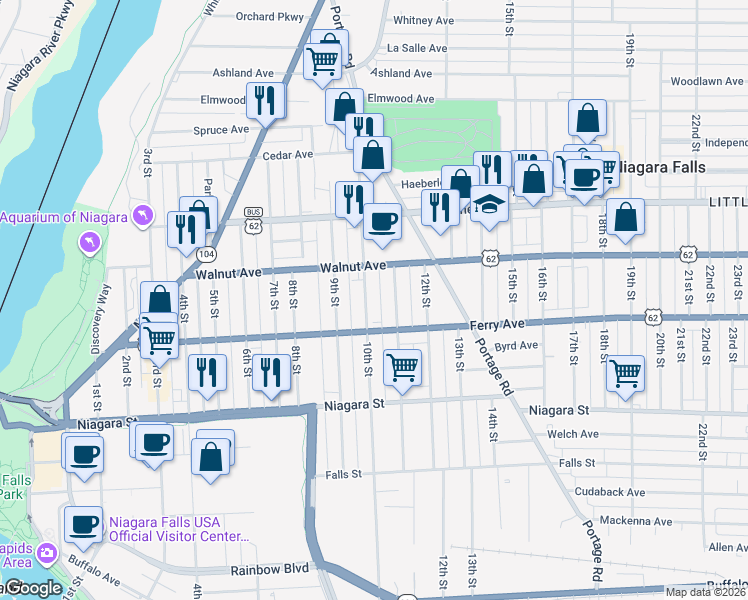 map of restaurants, bars, coffee shops, grocery stores, and more near 533-35 10th St in Niagara Falls