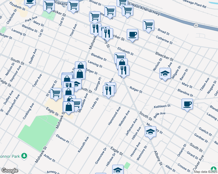 map of restaurants, bars, coffee shops, grocery stores, and more near 1013 Belmont Avenue in Utica