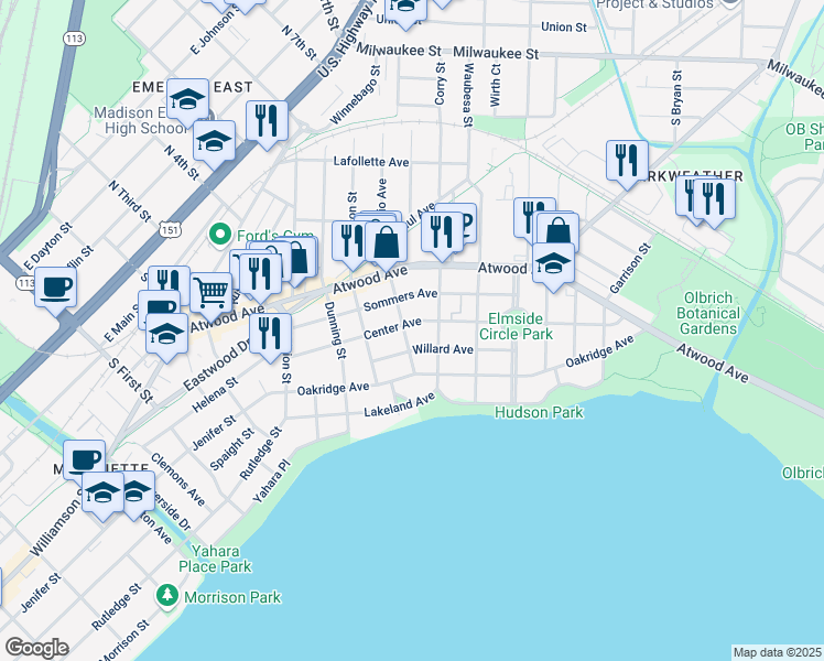 map of restaurants, bars, coffee shops, grocery stores, and more near 2405 Center Avenue in Madison
