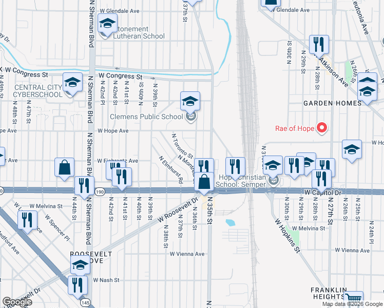 map of restaurants, bars, coffee shops, grocery stores, and more near 4106 North Toronto Street in Milwaukee