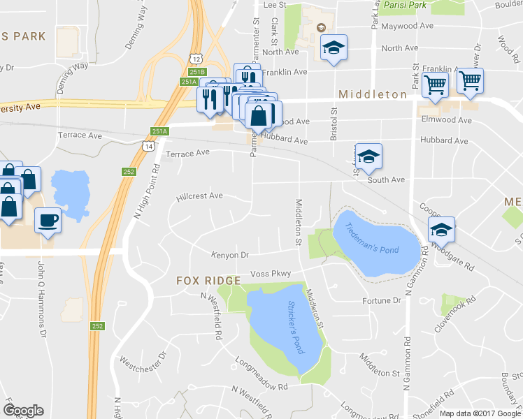 map of restaurants, bars, coffee shops, grocery stores, and more near 7446 Hunters Court in Middleton