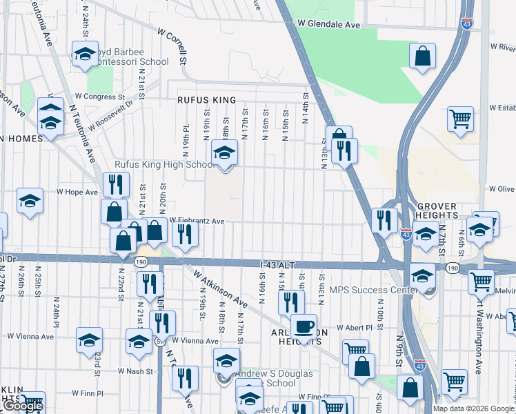 map of restaurants, bars, coffee shops, grocery stores, and more near 4122 North 17th Street in Milwaukee