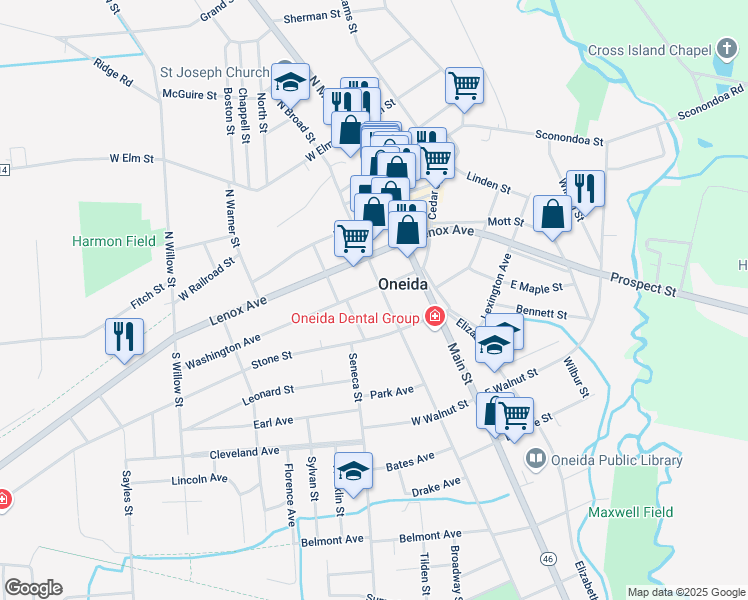 map of restaurants, bars, coffee shops, grocery stores, and more near 218 Broad Street in Oneida