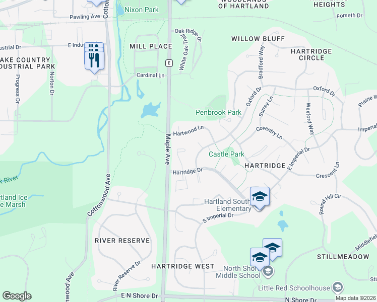 map of restaurants, bars, coffee shops, grocery stores, and more near 396 Oxford Drive in Hartland