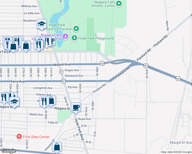map of restaurants, bars, coffee shops, grocery stores, and more near 3667 Sherwood Avenue in Niagara Falls