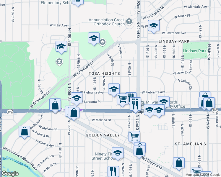 map of restaurants, bars, coffee shops, grocery stores, and more near 4115 North 95th Street in Wauwatosa