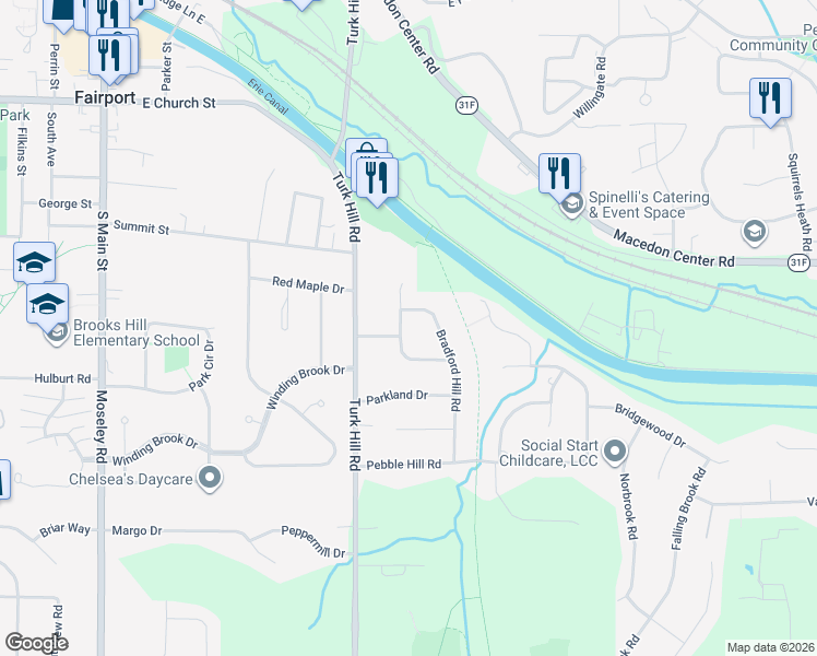 map of restaurants, bars, coffee shops, grocery stores, and more near 22 Freshfield Rise in Fairport