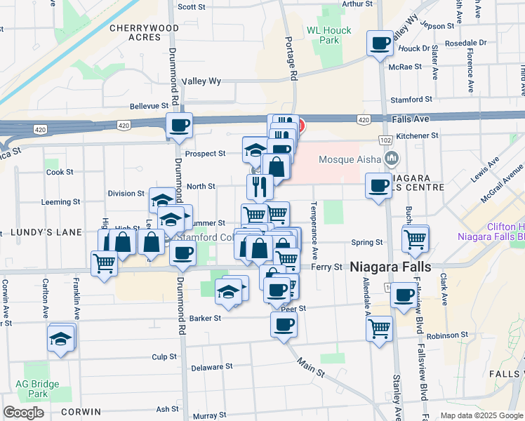 map of restaurants, bars, coffee shops, grocery stores, and more near 5689 Main Street in Niagara Falls