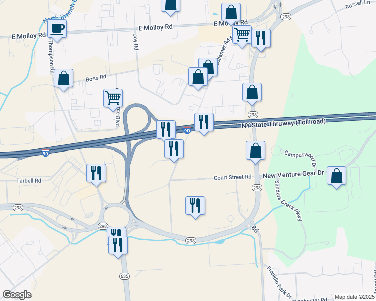 map of restaurants, bars, coffee shops, grocery stores, and more near 6630 Old Collamer Road South in Onondaga County