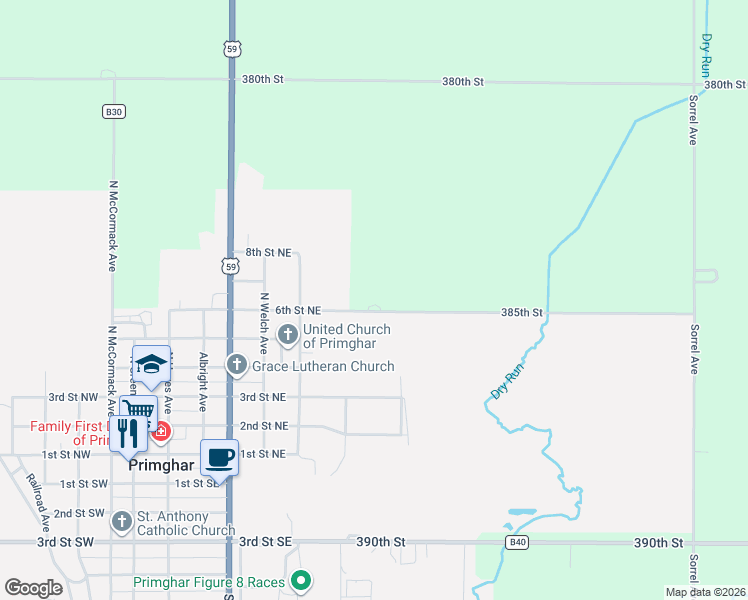 map of restaurants, bars, coffee shops, grocery stores, and more near 760 6th Street Northeast in Primghar