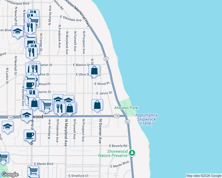 map of restaurants, bars, coffee shops, grocery stores, and more near 4107 North Lake Drive in Shorewood