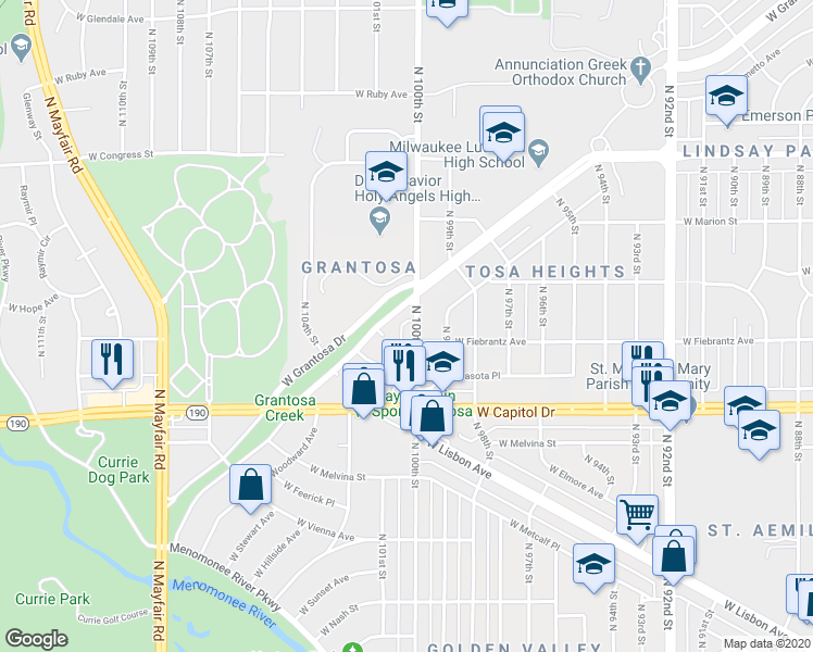 map of restaurants, bars, coffee shops, grocery stores, and more near 4131 North 100th Street in Milwaukee
