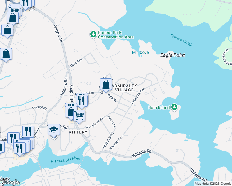 map of restaurants, bars, coffee shops, grocery stores, and more near 9 Dismukes Street in Kittery