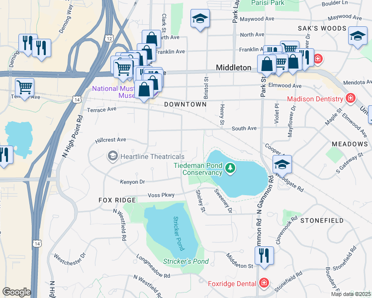 map of restaurants, bars, coffee shops, grocery stores, and more near 1619 Middleton Street in Middleton