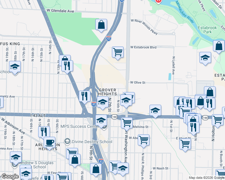 map of restaurants, bars, coffee shops, grocery stores, and more near 4114A North 7th Street in Milwaukee