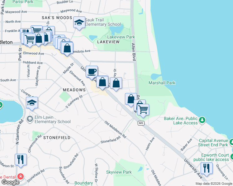 map of restaurants, bars, coffee shops, grocery stores, and more near 6242 University Avenue in Middleton