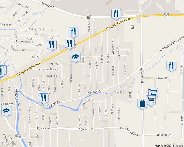 map of restaurants, bars, coffee shops, grocery stores, and more near 1401 98th Street in Niagara Falls