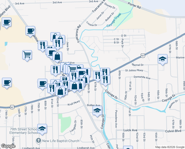 map of restaurants, bars, coffee shops, grocery stores, and more near 1400 Tuscarora Road in Niagara Falls