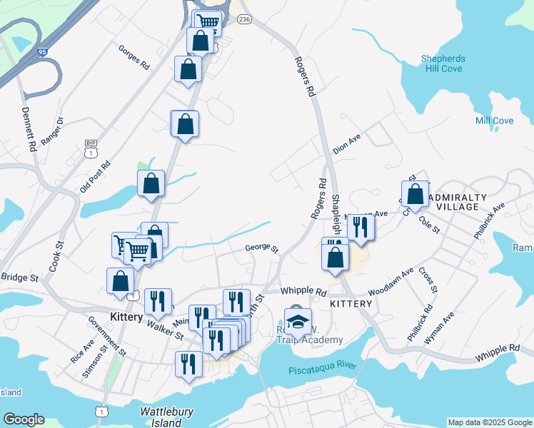 map of restaurants, bars, coffee shops, grocery stores, and more near 65 Rogers Road in Kittery