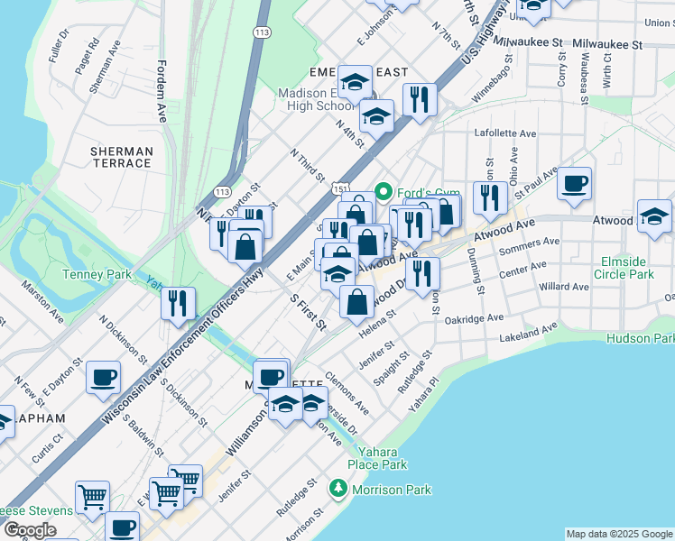 map of restaurants, bars, coffee shops, grocery stores, and more near 1958 Atwood Avenue in Madison