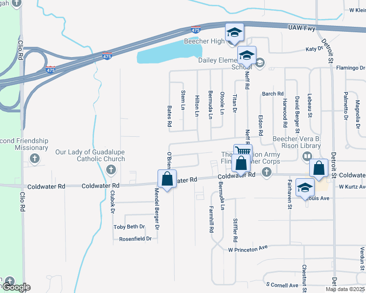 map of restaurants, bars, coffee shops, grocery stores, and more near 2155 Obrien Road in Mount Morris
