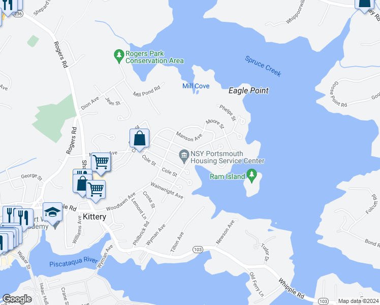 map of restaurants, bars, coffee shops, grocery stores, and more near 32 Halstead Street in Kittery