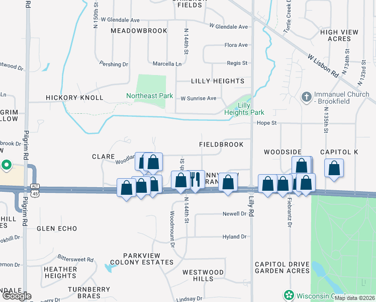 map of restaurants, bars, coffee shops, grocery stores, and more near 14450 Woodland Place in Brookfield