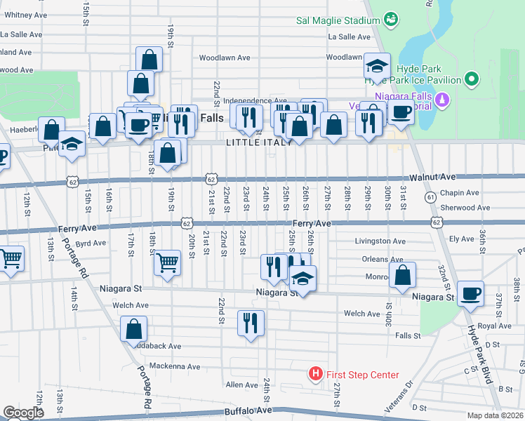 map of restaurants, bars, coffee shops, grocery stores, and more near 518 24th Street in Niagara Falls