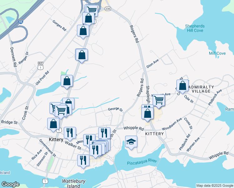 map of restaurants, bars, coffee shops, grocery stores, and more near 65 Rogers Road in Kittery