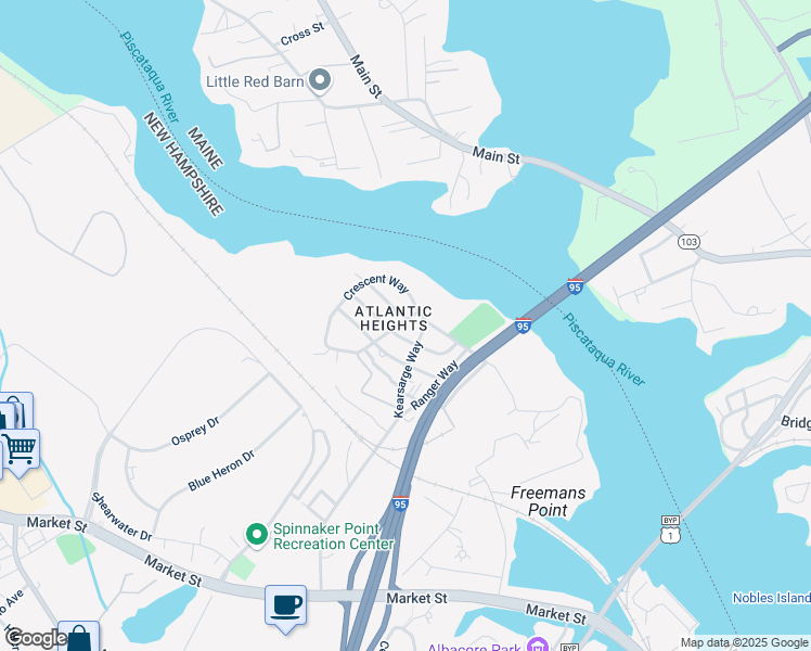 map of restaurants, bars, coffee shops, grocery stores, and more near 687 Kearsarge Way in Portsmouth