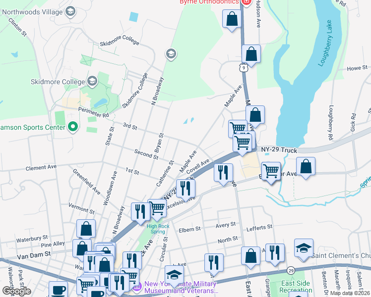 map of restaurants, bars, coffee shops, grocery stores, and more near 118 Catherine Street in Saratoga Springs