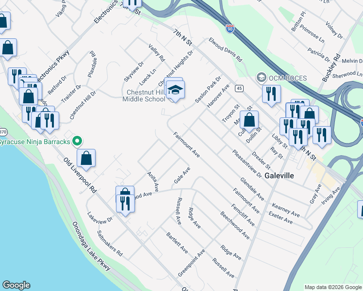 map of restaurants, bars, coffee shops, grocery stores, and more near 206 Gale Avenue in Liverpool