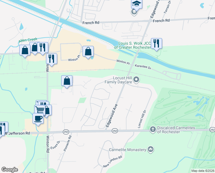 map of restaurants, bars, coffee shops, grocery stores, and more near 16 Jenna Way in Rochester