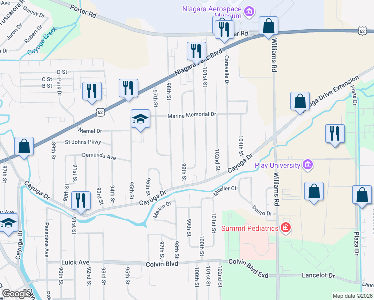 map of restaurants, bars, coffee shops, grocery stores, and more near 1462 100th Street in Niagara Falls