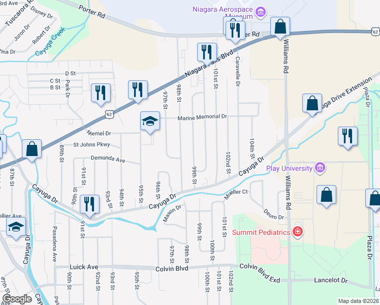 map of restaurants, bars, coffee shops, grocery stores, and more near 1401 98th Street in Niagara Falls