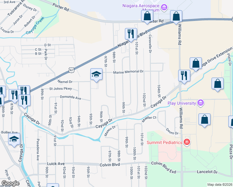 map of restaurants, bars, coffee shops, grocery stores, and more near 1401 98th Street in Niagara Falls
