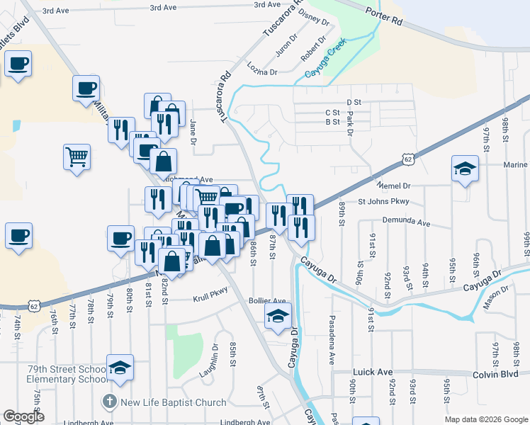 map of restaurants, bars, coffee shops, grocery stores, and more near 1400 Tuscarora Road in Niagara Falls
