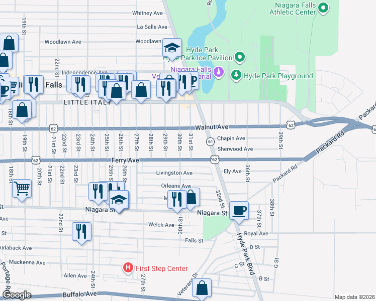 map of restaurants, bars, coffee shops, grocery stores, and more near 516 31st Street in Niagara Falls