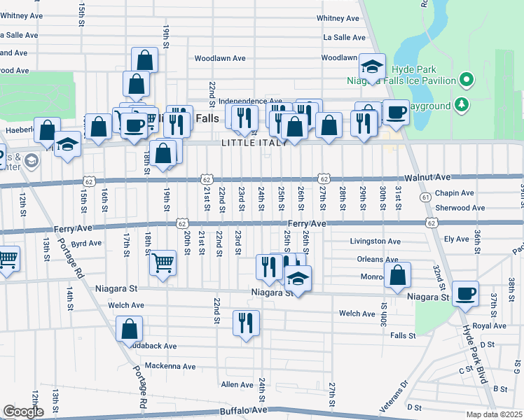map of restaurants, bars, coffee shops, grocery stores, and more near 508 24th Street in Niagara Falls
