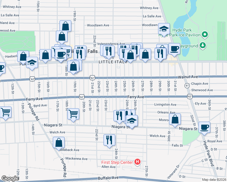 map of restaurants, bars, coffee shops, grocery stores, and more near 508 24th Street in Niagara Falls