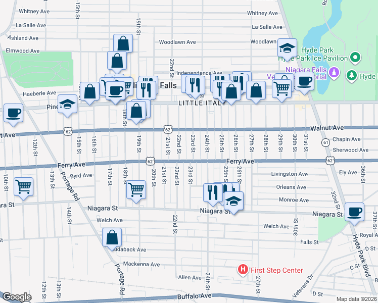 map of restaurants, bars, coffee shops, grocery stores, and more near 515 22nd Street in Niagara Falls