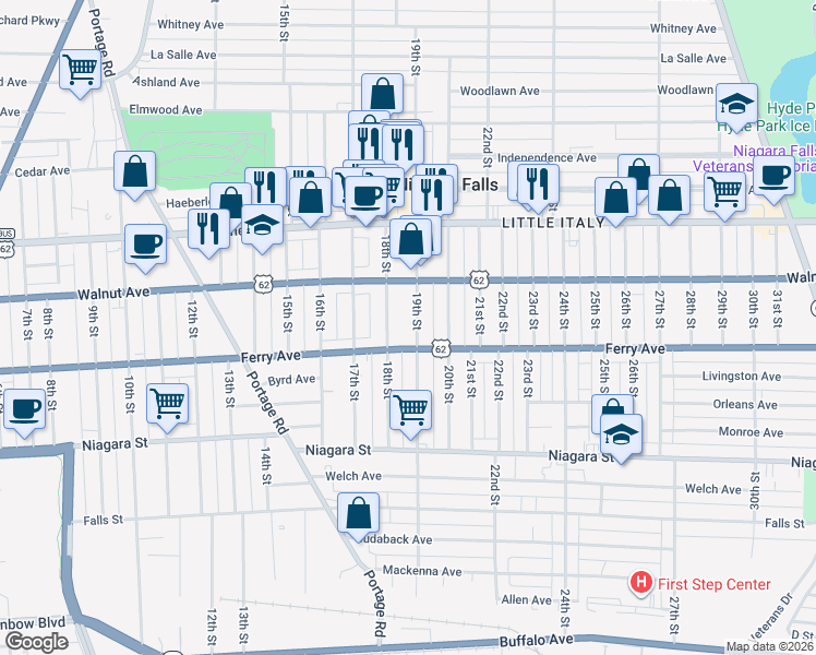 map of restaurants, bars, coffee shops, grocery stores, and more near 516 19th Street in Niagara Falls