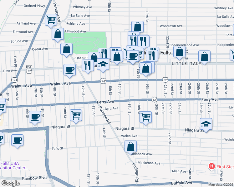 map of restaurants, bars, coffee shops, grocery stores, and more near 521 16th Street in Niagara Falls