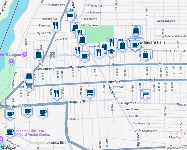 map of restaurants, bars, coffee shops, grocery stores, and more near 529 Memorial Parkway in Niagara Falls