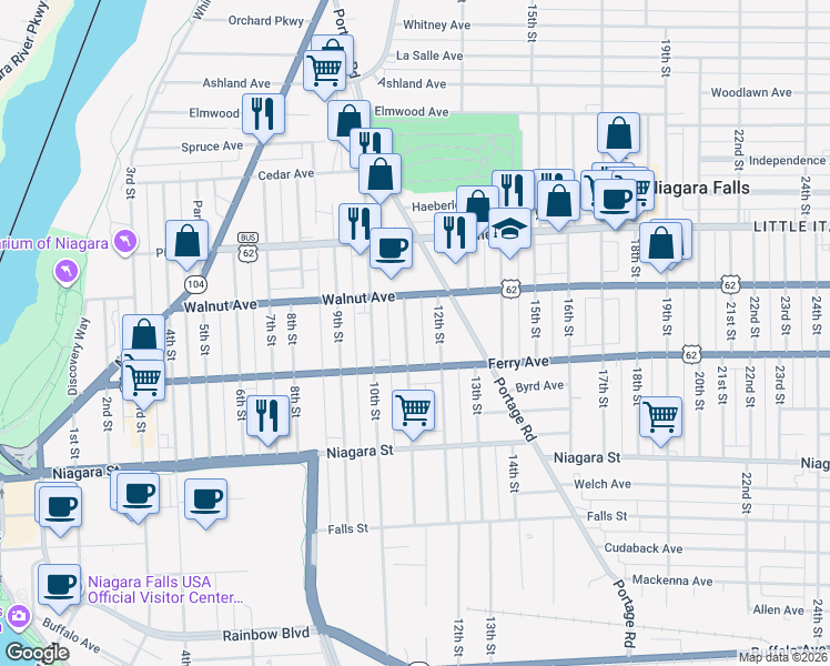 map of restaurants, bars, coffee shops, grocery stores, and more near 529 Memorial Parkway in Niagara Falls