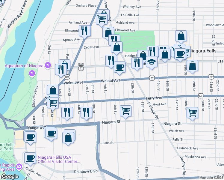 map of restaurants, bars, coffee shops, grocery stores, and more near 533-35 10th Street in Niagara Falls